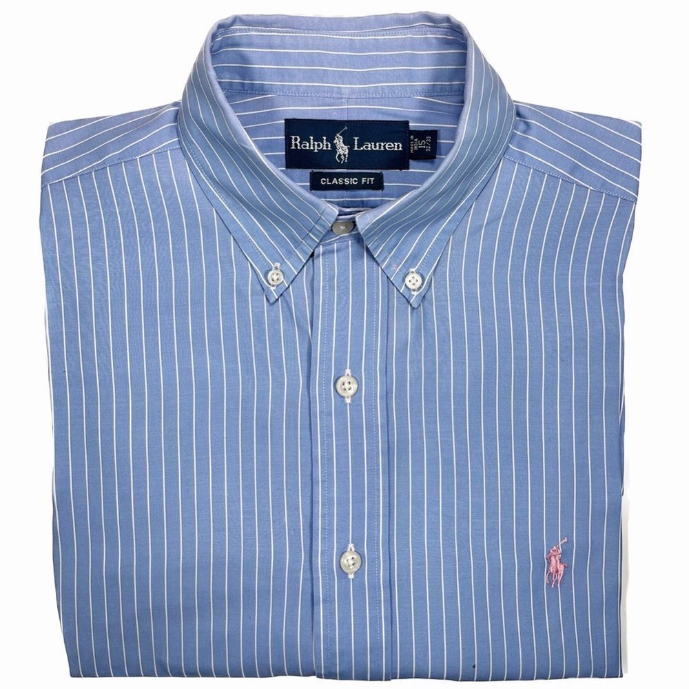 *VINTAGE* RALPH LAUREN Blue w/ White Pinstripes Pink Embroidered Oxford Shirt